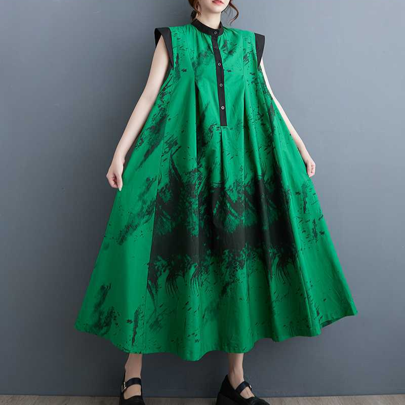 Colorblocked Ink Print Sleeveless A-Line Dress