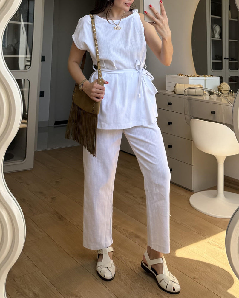 Solid Color Design One-Sleeve Top & Pants Two-Piece Set