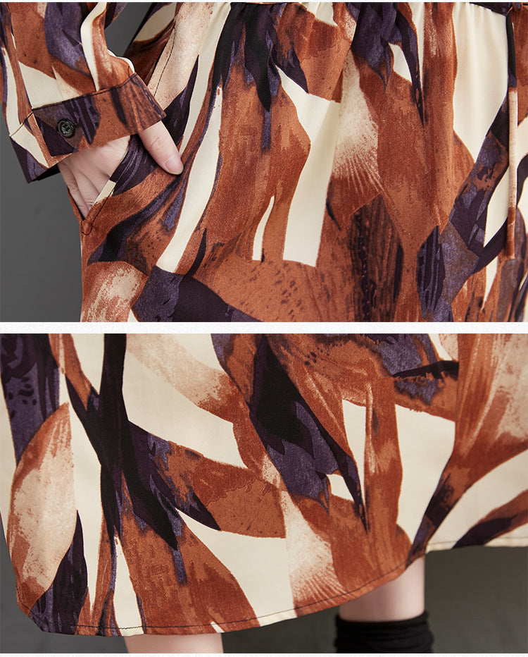 Casual Print Stand Collar Long Sleeve Midi Dress