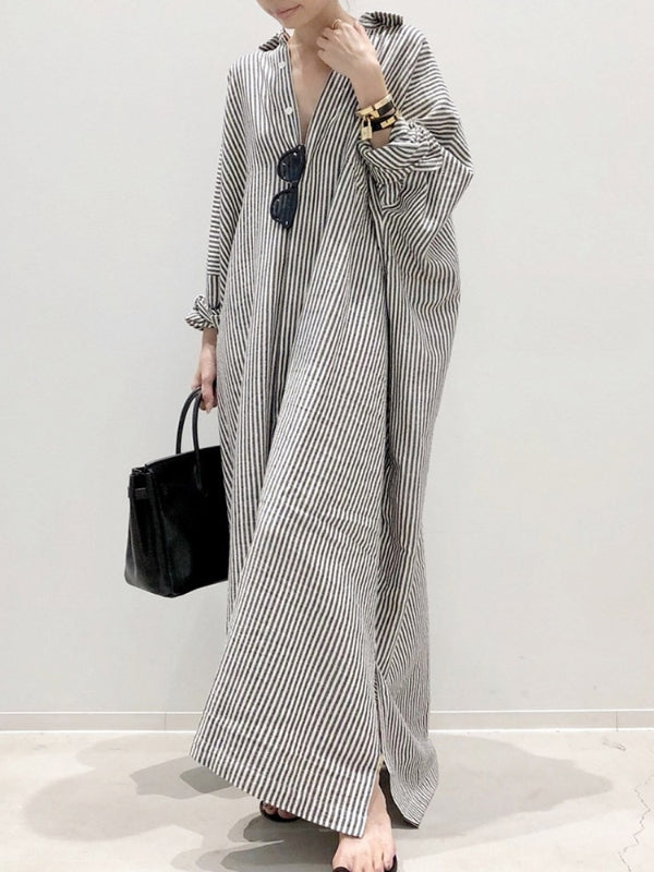 Casual Striped Long Sleeve Maxi Dress