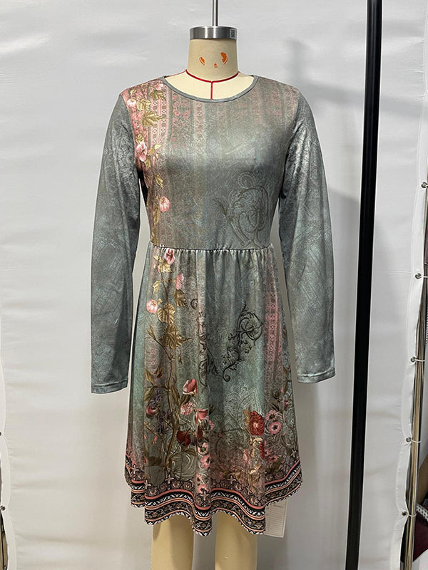 A-line Long Sleeves Flower Print Pleated Split-Joint Round-neck Mini Dresses