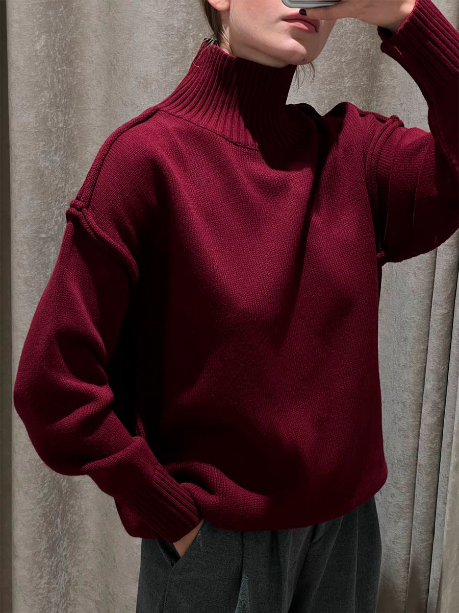 Patchwork turtleneck sweater women's top autumn and winter leisure loose and idle thickened knitting pullover