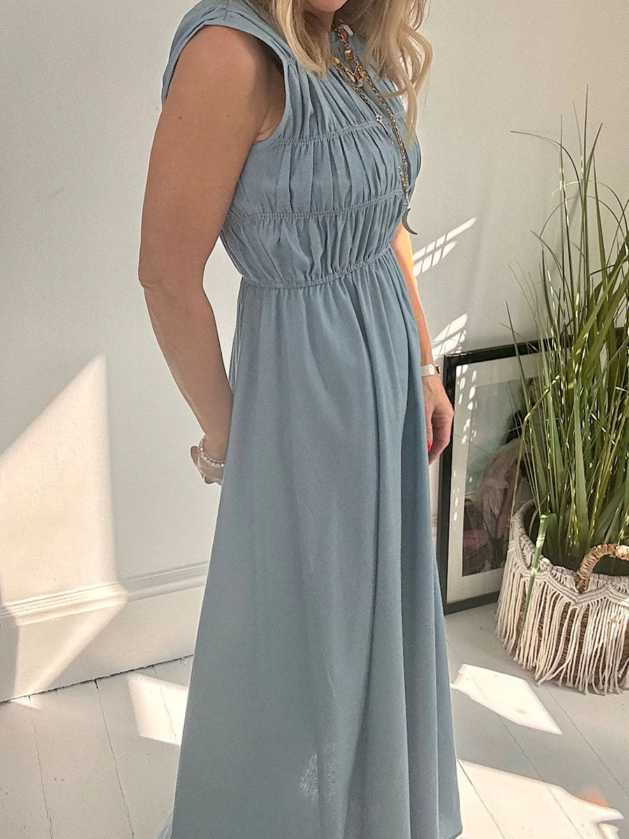 Sleeveless pleated cotton and linen dress