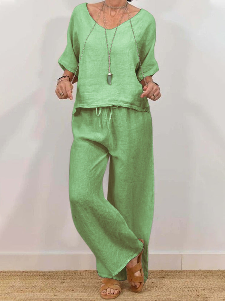 Solid Color Casual Half Sleeve Top&Pants Set