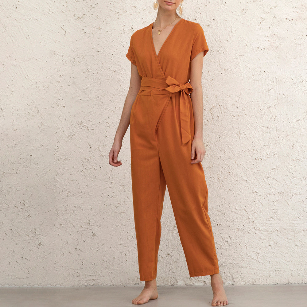 Casual Cozy Linen Wrap Jumpsuit