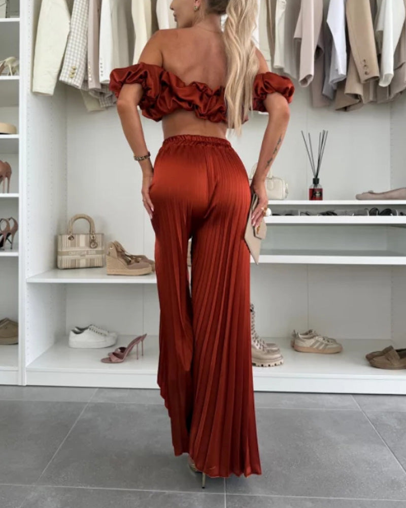 Solid Color Strapless Pleated Trousers Set
