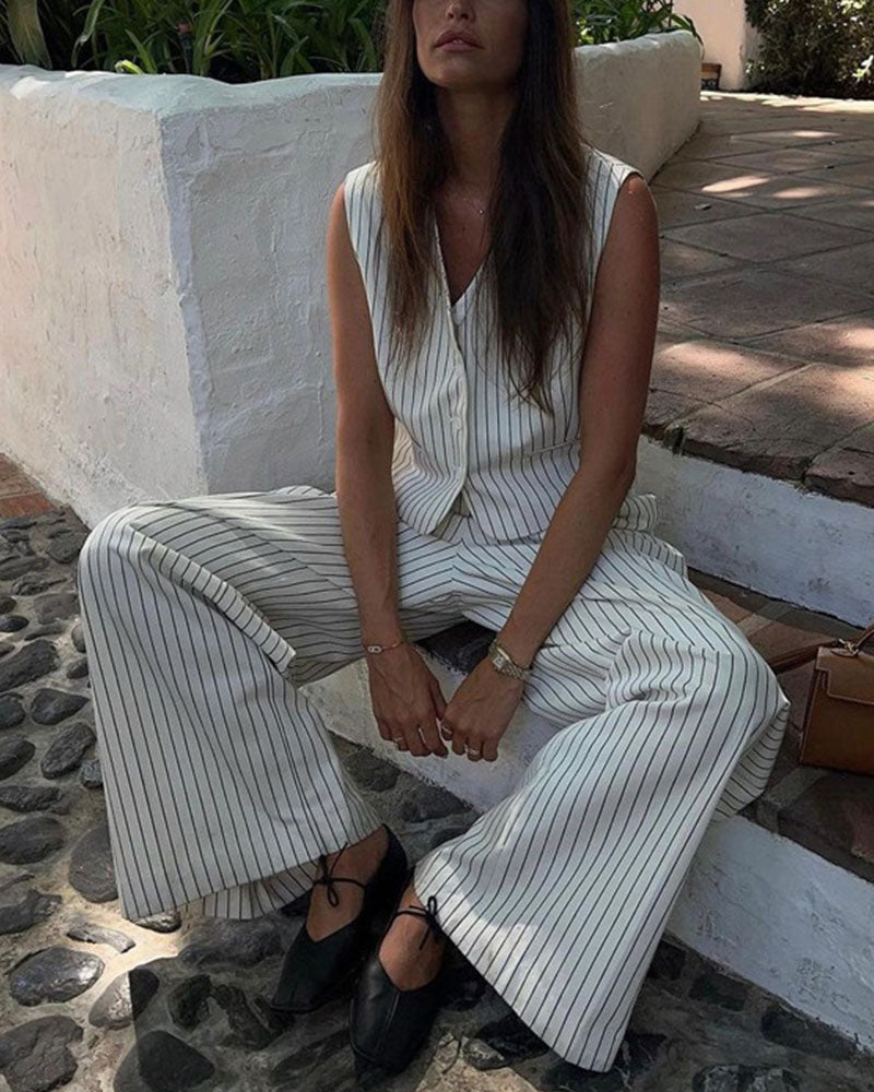 Striped temperament casual vest two-piece set
