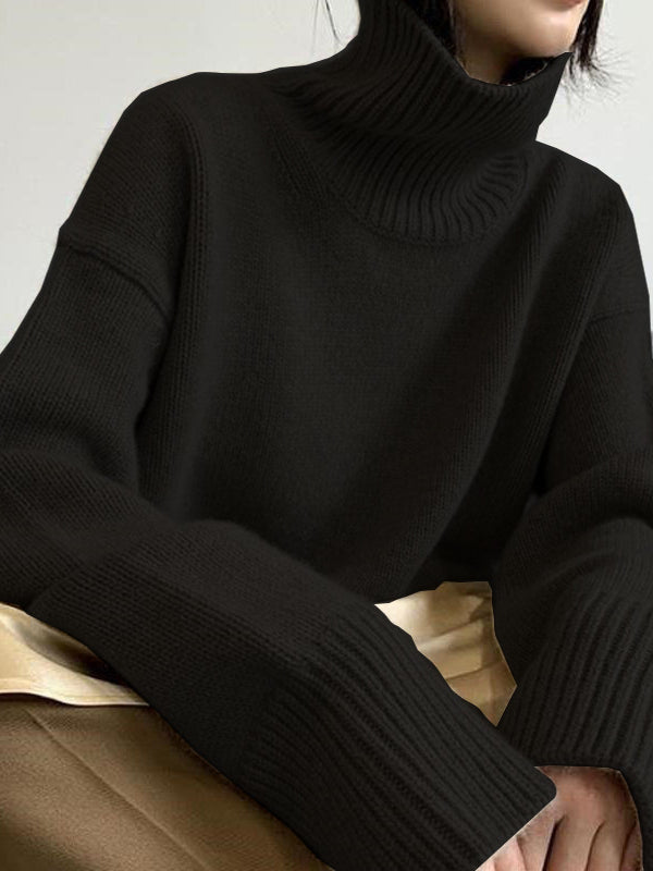 Loose Solid Color Turtleneck Wool Knit Sweater