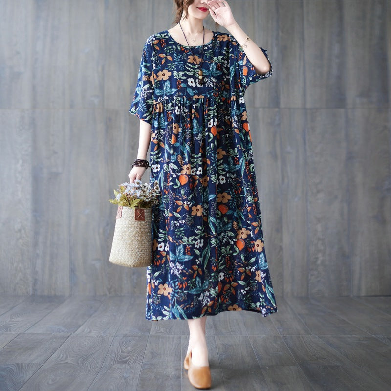Literary Floral Print Short Sleeve Midi Dress