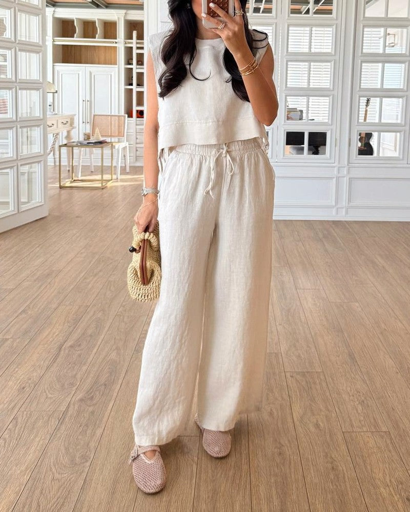 Casual Round Neck Lace-Up Sleeveless Top & Pants Two-Piece Set