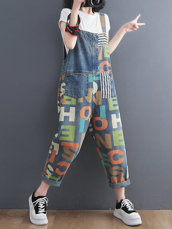 High Waisted Loose Asymmetric Buttoned Letter Print Pockets Split-Joint Striped Overalls