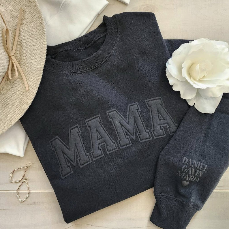 Mama Keepsake Sweatshirt with Puff .LetteringPersonalized Kid Names on Sleeve, Mama Sweater, New Mom Gift