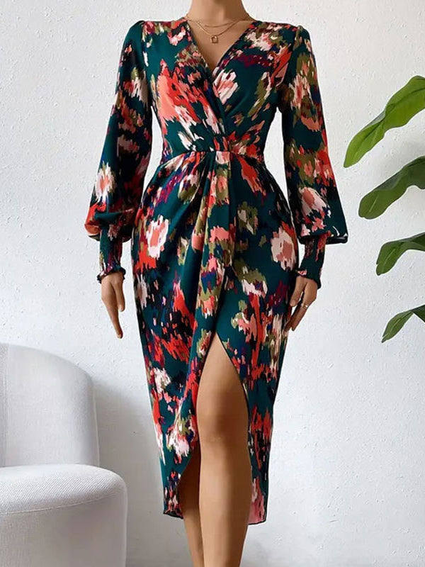 Long Sleeves Loose Elasticity Floral Printed V-Neck Midi Dresses Shirt Dress