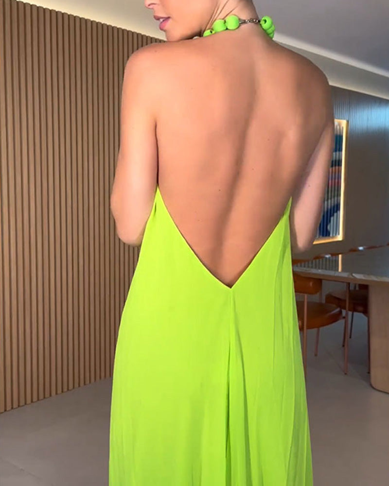 Chiffon Pleated Neck Backless Dress