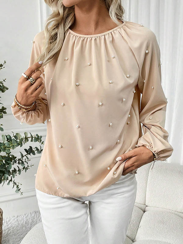 Long Sleeves Loose Beaded Elasticity Pleated Solid Color Round-Neck Blouses&Shirts Tops