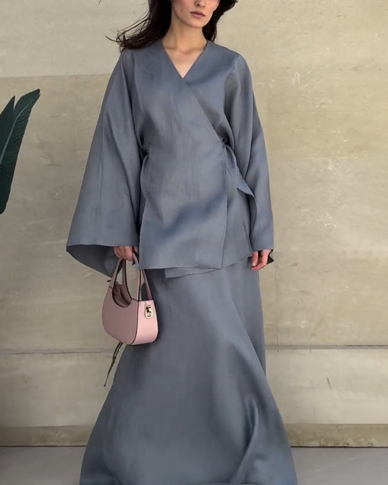 Casual V-Neck Split Shirt & Skirt Two-Piece Set