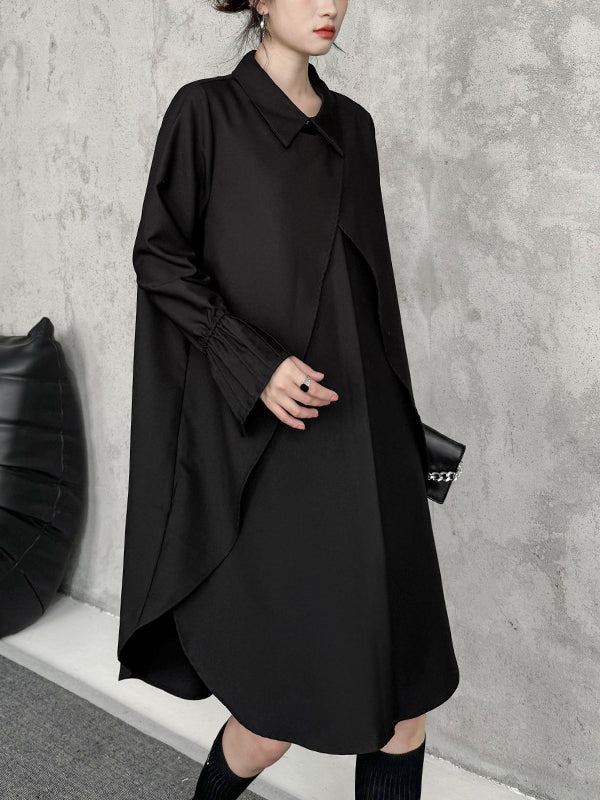 Street Style Fake Two Piece Button Long Sleeve Midi Dress