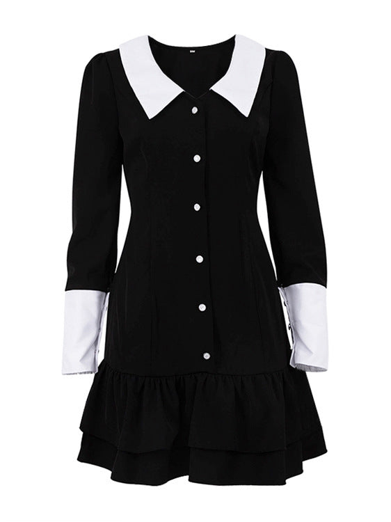 Lapel Color Block Black Mini Dress