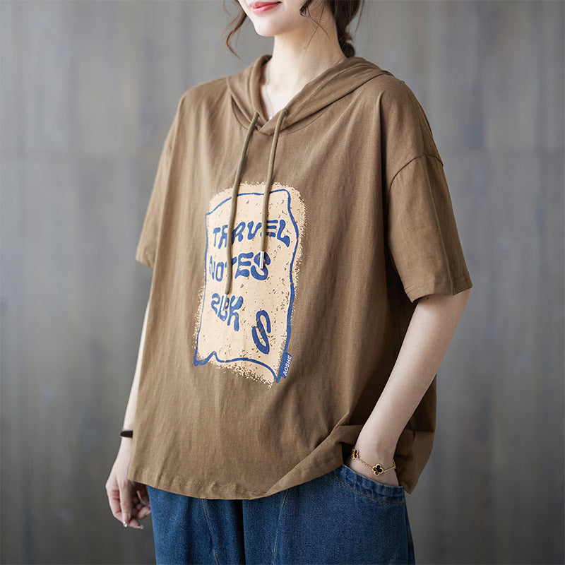 Casual Printed Hooded Short Sleeve T-shirt