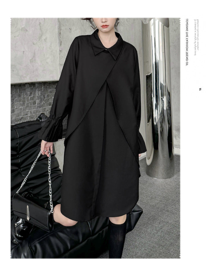 Street Style Fake Two Piece Button Long Sleeve Midi Dress