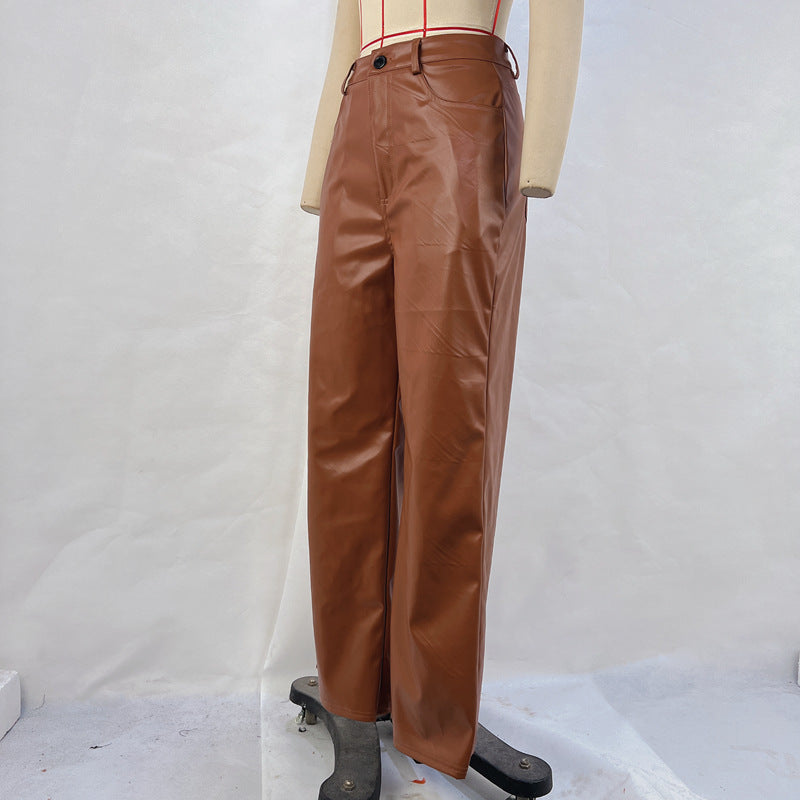 Women's leather pants high waist straight casual pants slimming retro trousers loose wide leg autumn and winter