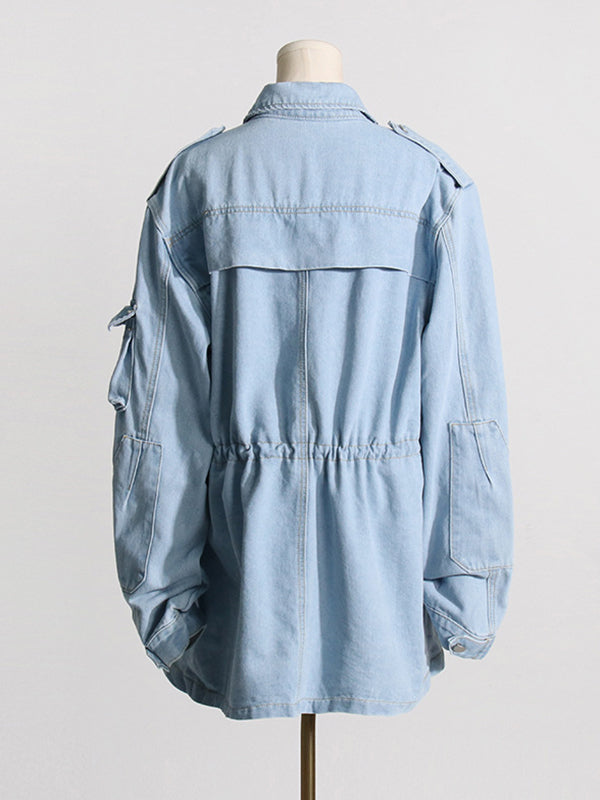 Long Sleeves Loose Buttoned Drawstring Pockets Split-Joint Lapel Outerwear