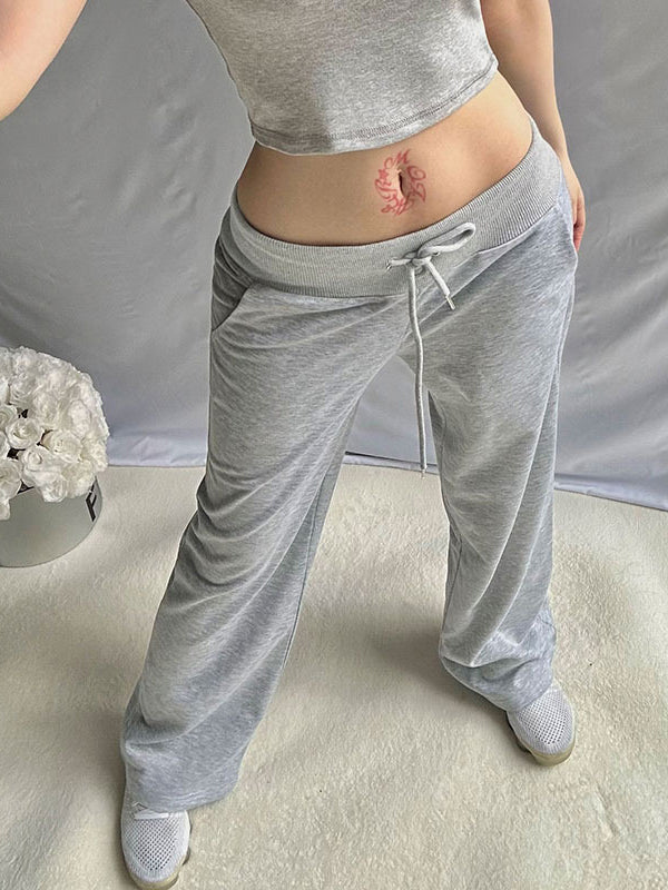 Flared Pants Loose Drawstring Pockets Solid Color Pants Trousers