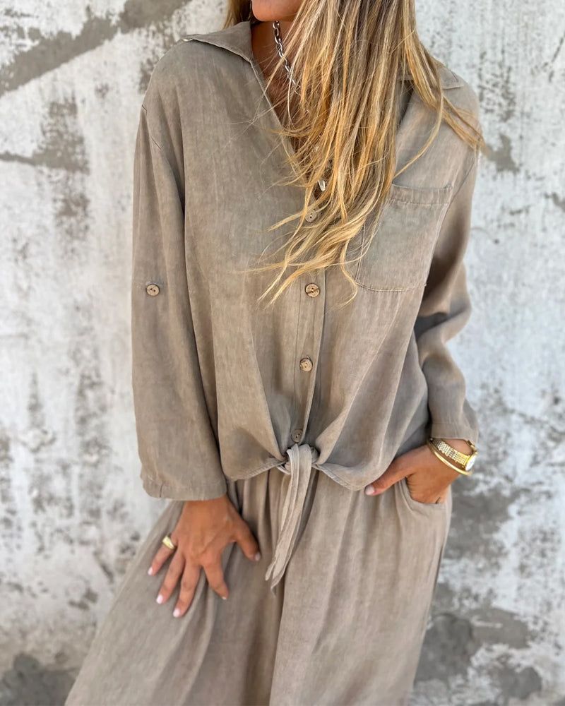 Casual Solid Shirt & Wide Leg Two-Piece Set