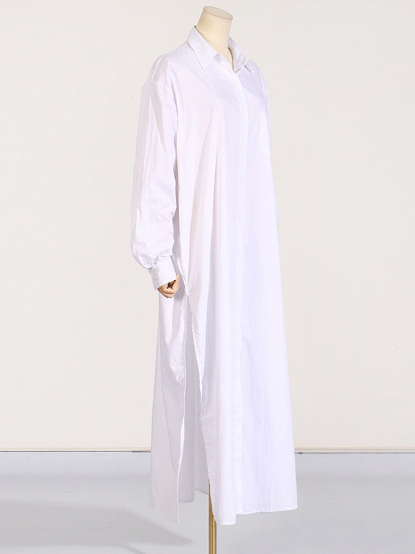 Long Sleeves Loose See-Through Solid Color Split-Joint Split-Side Lapel Maxi Dresses Shirt Dress