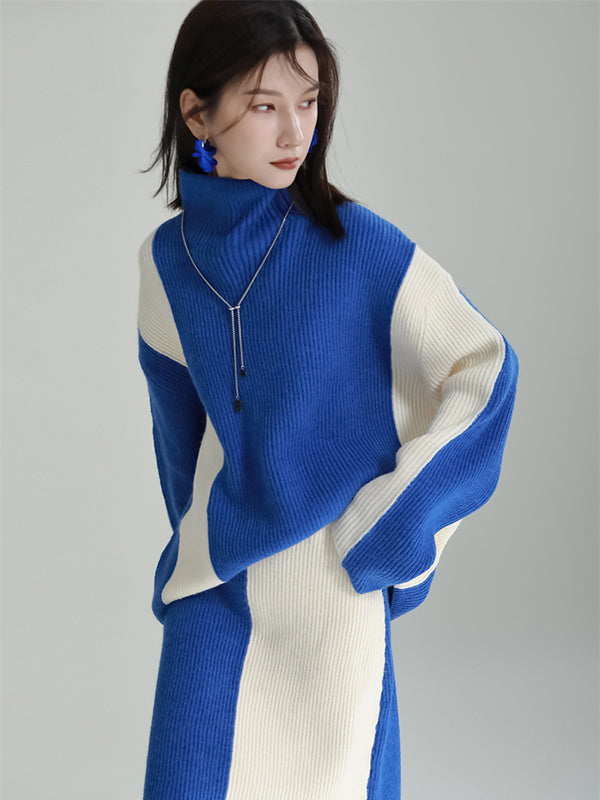 Casual Loose Long Sleeves Contrast Color High-Neck Sweater Top&Skirt Two Pieces Set