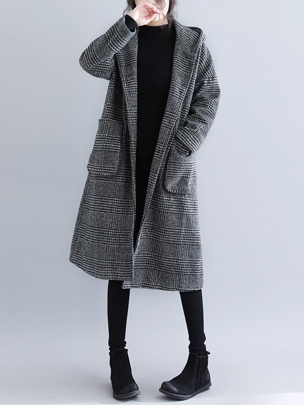 Classic Houndstooth Hooded Long Sleeve Coat