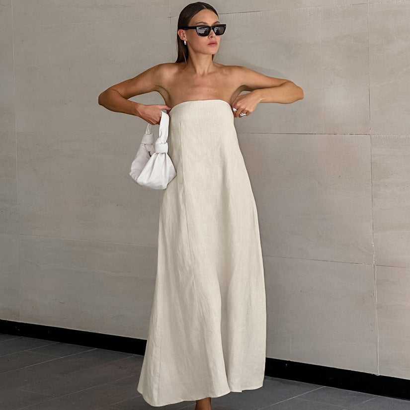 Vacation Cotton-Linen Solid Sheath Backless Maxi Dress