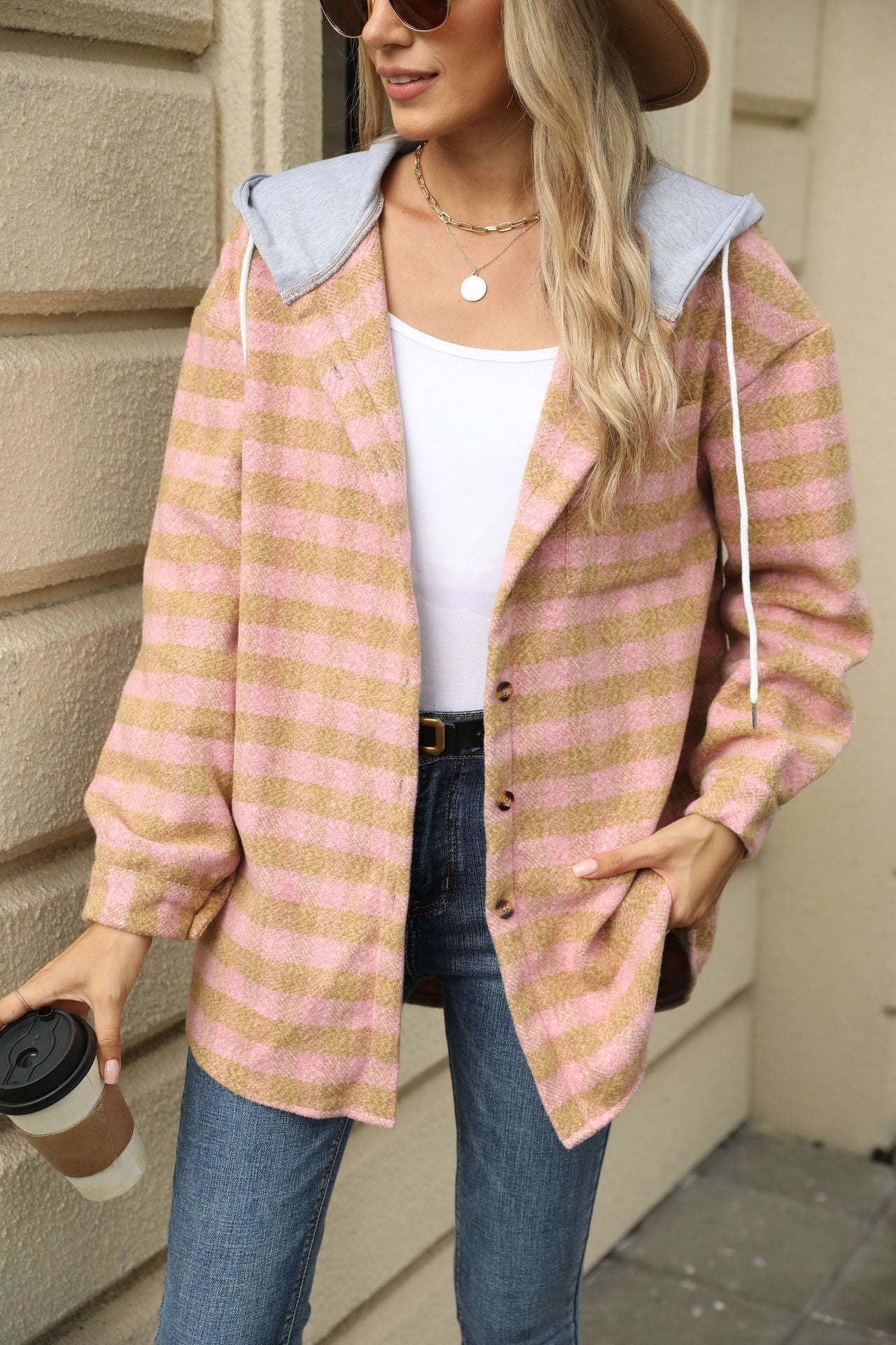 Autumn and Winter new women's hooded Plaid stitching top single-breasted woolen coat