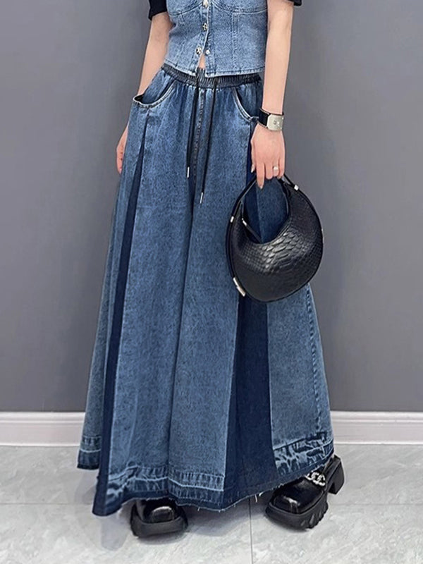 Loose Wide Leg Contrast Color Drawstring Fringed Pockets Jean Pants Bottoms