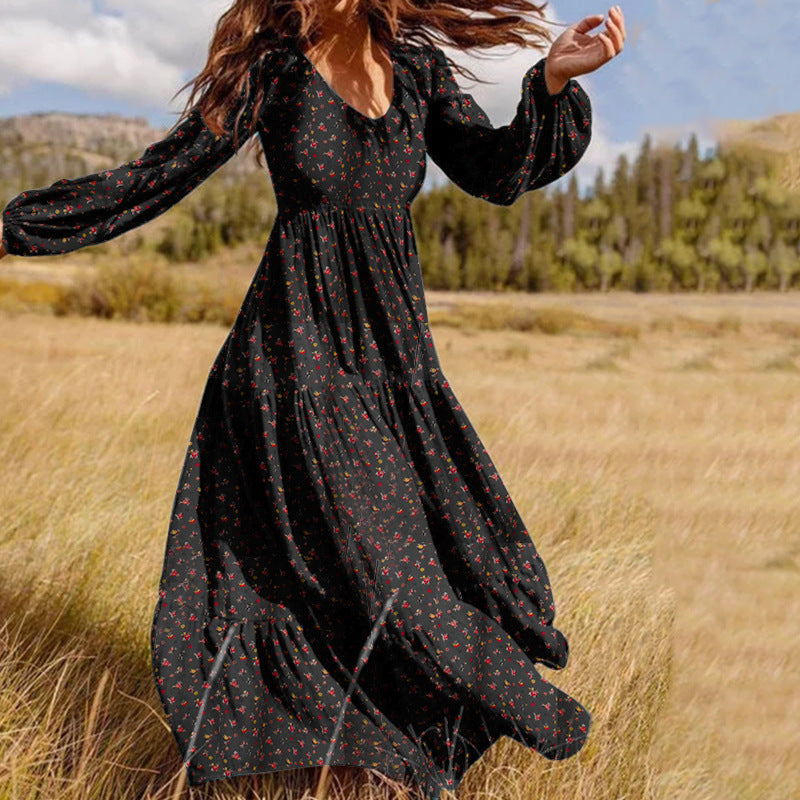 Bohemia Printed Long Sleeve V-Neck Maxi Dress