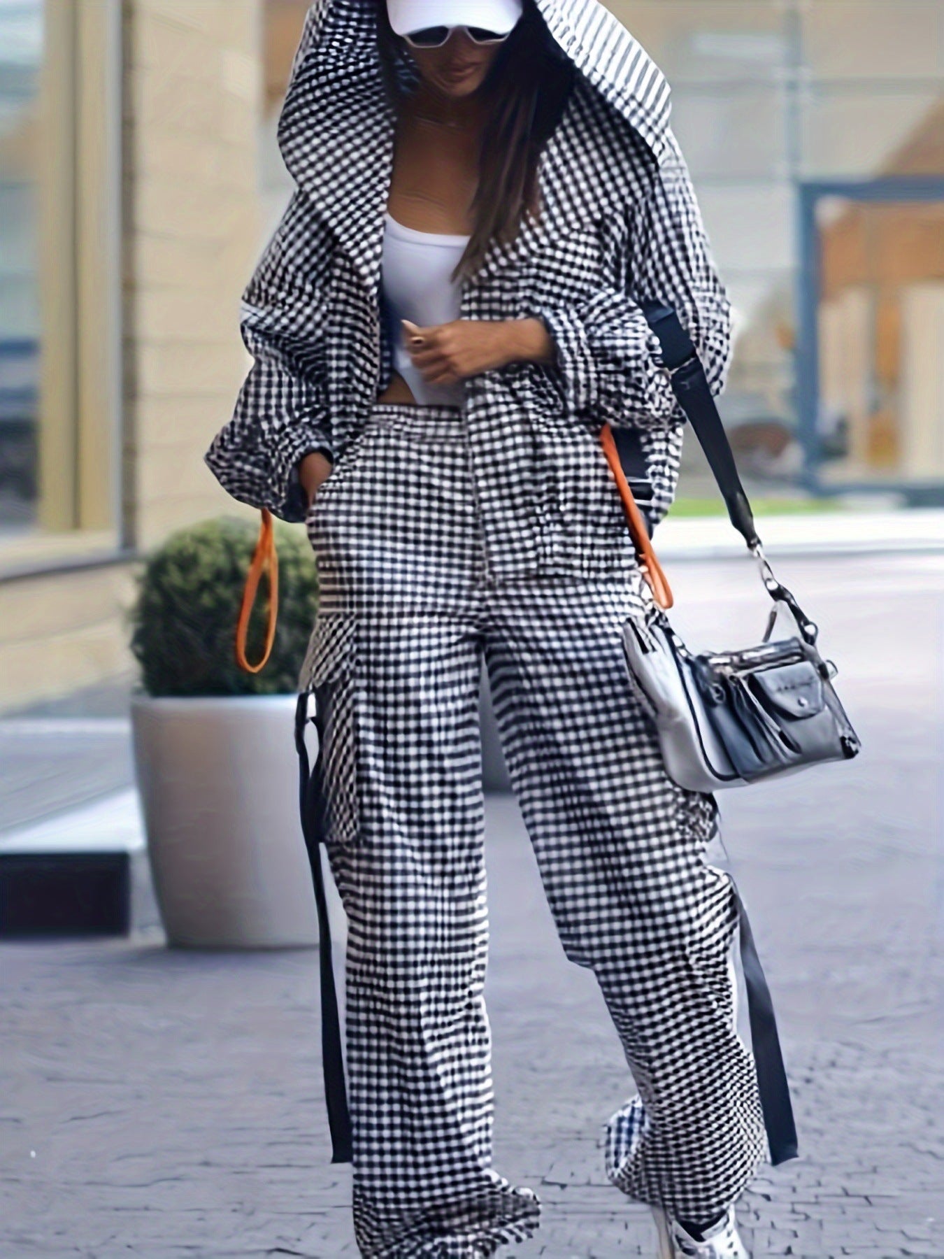 European and American 2025 Cross-Border Fashion Versatile Amazon Spring and Autumn Style Casual Plaid Pocket Hooded Loose Fit Stylish