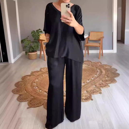 Fashion Solid Color Mercerized V-neck Casual Suit