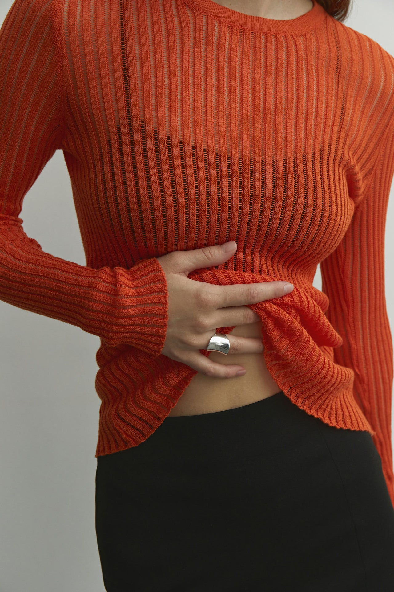 Hollow sweater Sexy Slim-fit cashmere round neck long sleeve thin sunken stripe women's pullover