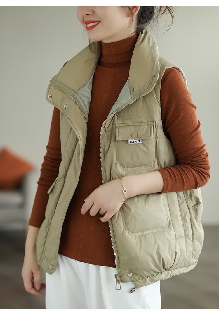 Literary Solid Color Stand Collar  Down Vest Coat