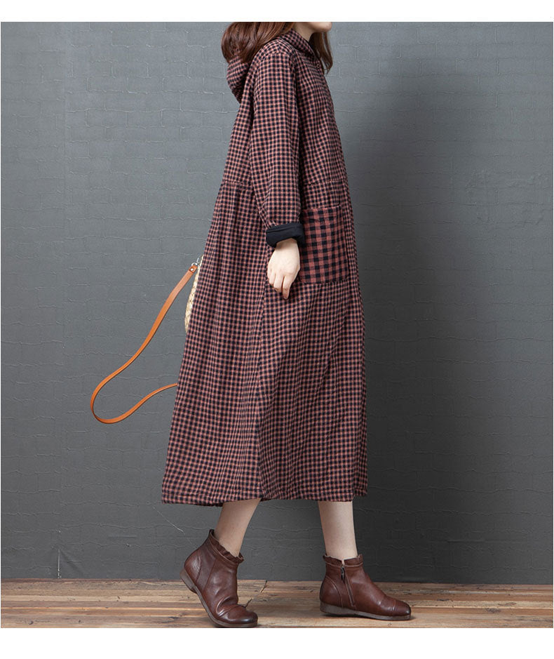 Loose Splicing Hooded Plaid Midi Dress