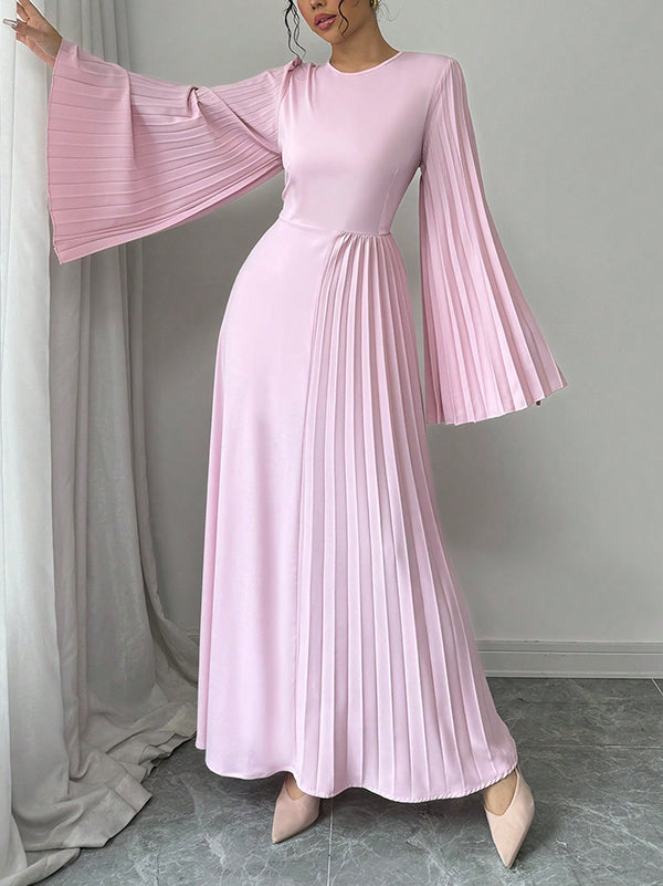 Flared Sleeves Long Sleeves Pleated Solid Color Round-Neck Maxi Dresses