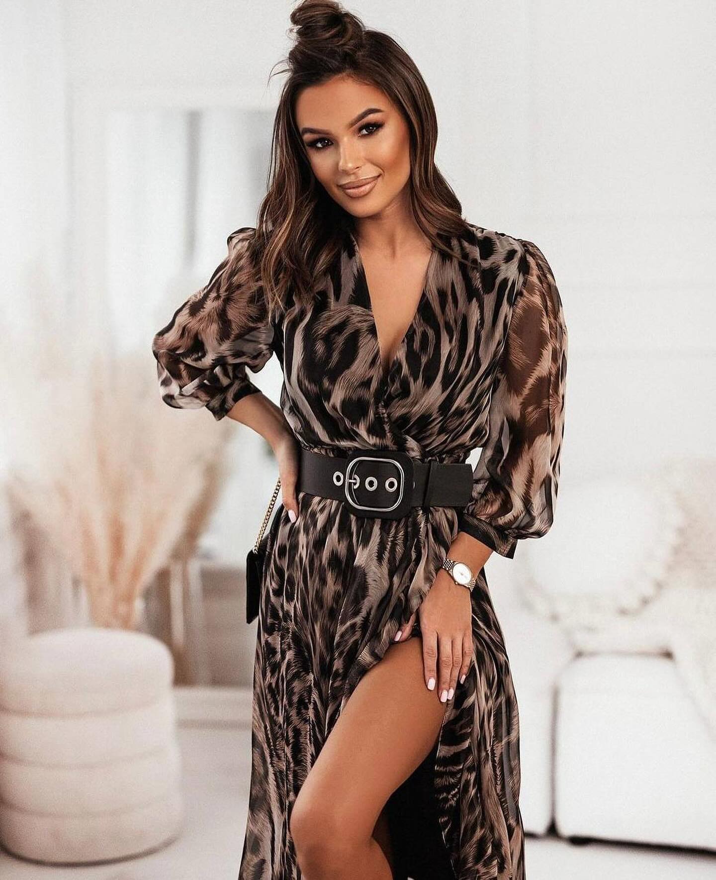Ladies' leopard print split V-neck sexy dress