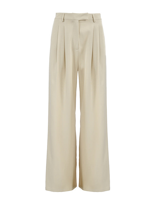 High Waisted Loose Pleated Pockets Solid Color Suit Pants Trousers