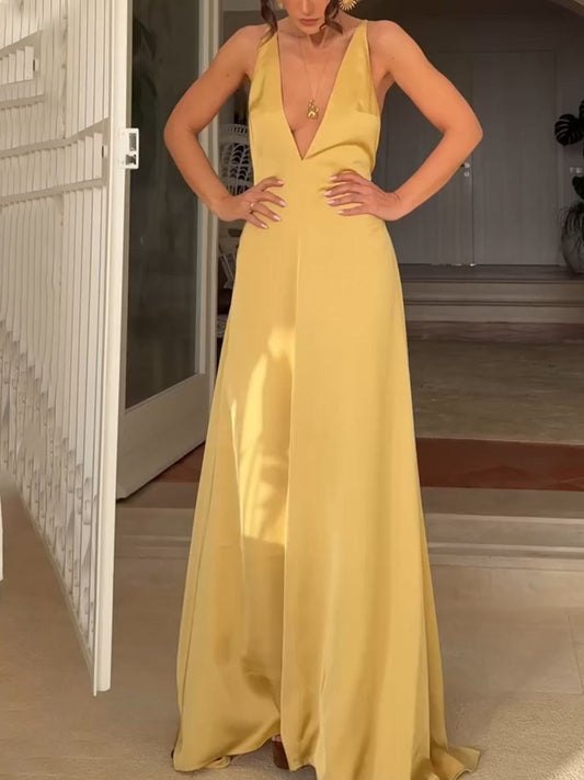 Yellow elegant V-neck backless party dress