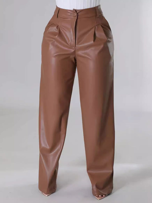 High Waisted Loose Pleated Solid Color Split-Joint Pants Trousers