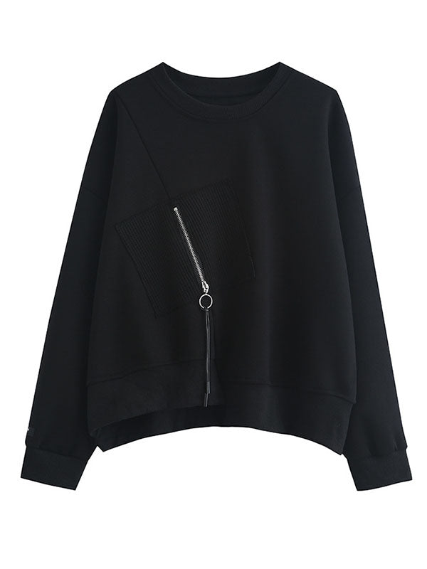 Casual Loose Long Sleeves Asymmetric Solid Color Zipper Round-Neck Sweatshirt Tops