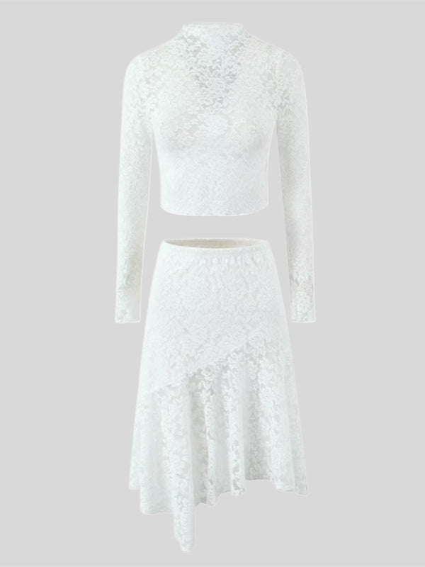 Long Sleeves See-Through Solid Color Mock Neck T-Shirts Tops + Split-Joint Asymmetric High Waisted Skirts Bottom Two Pieces Set