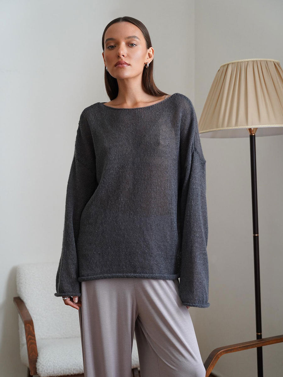 Hollow sweater spring and summer women's see-through thin scoop bell sleeve knitted T-shirt