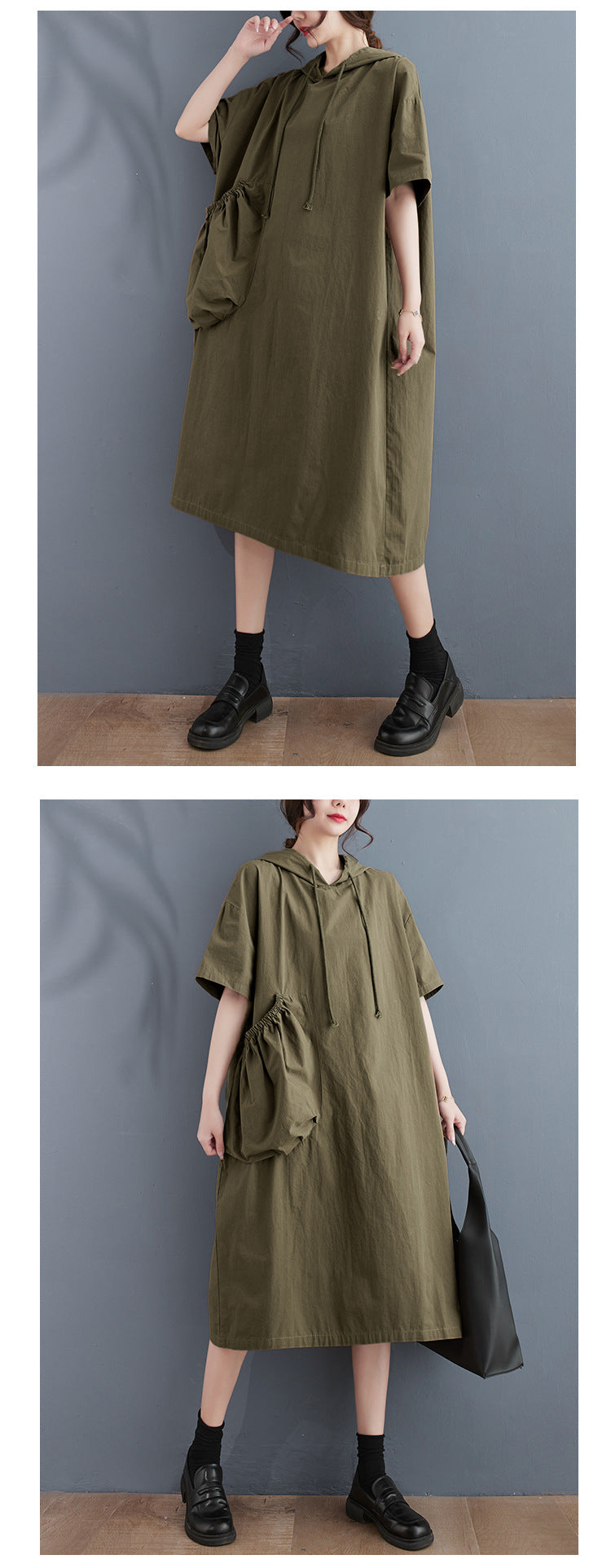 Loose Hooded Short Sleeve Midi Dress