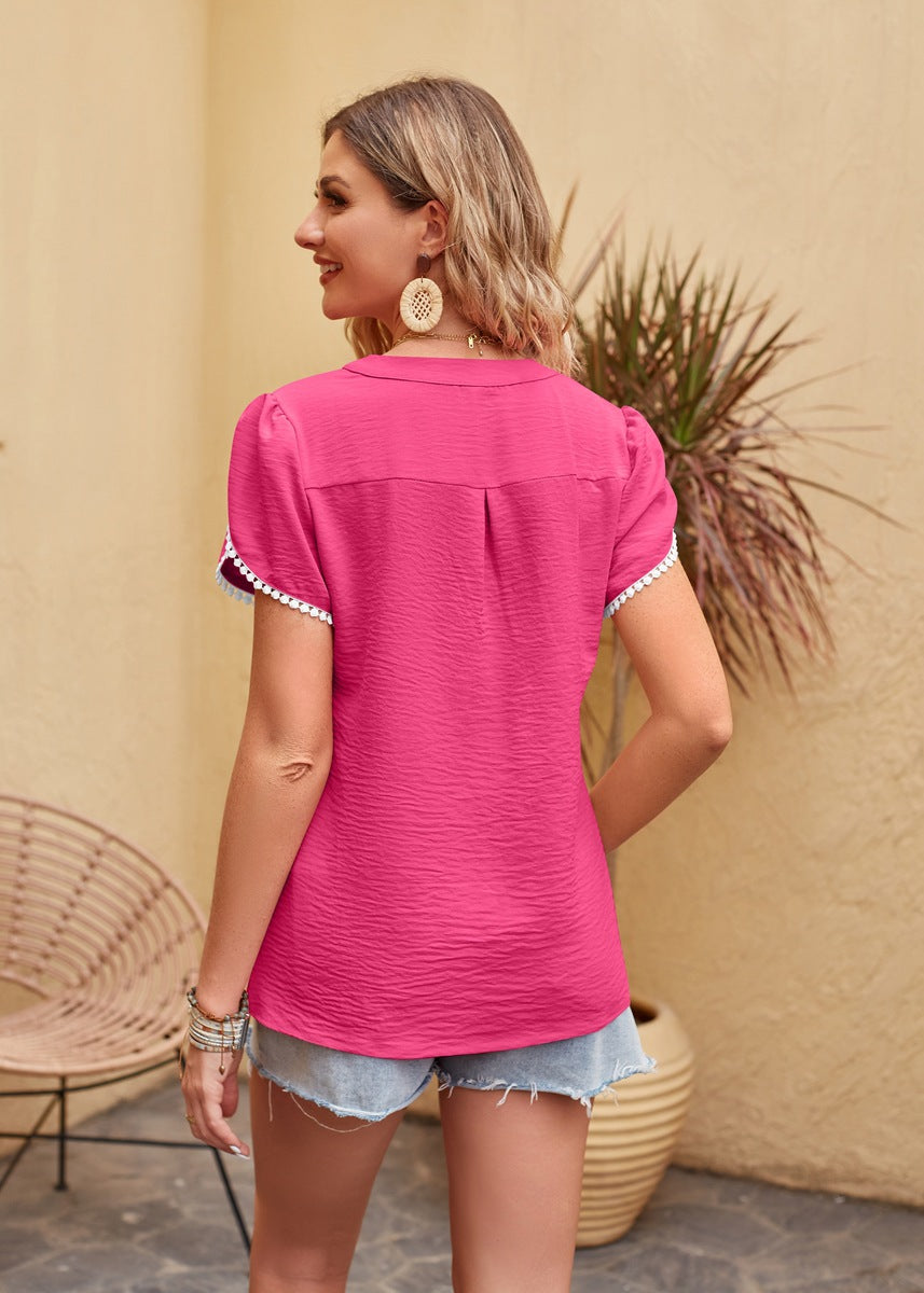 Simple Chiffon V-neck Short Sleeve T-shirt